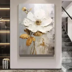 Handpainted Large Flower Texture Painting 3D Texture Painting Gold Floral Abstract Painting Original Gold Wall Art Flower Painting for Living Room Home Decor Stretched Frame Ready to Hang