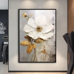 Handpainted Large Flower Texture Painting 3D Texture Painting Gold Floral Abstract Painting Original Gold Wall Art Flower Painting for Living Room Home Decor Stretched Frame Ready to Hang
