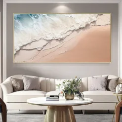 Hand-painted Minimalist Ocean Painting on Canvas 3D Textured Wall Art Earth Tone Seawaves Wall Art Living Room Painting Fashion Room Decor No Frame