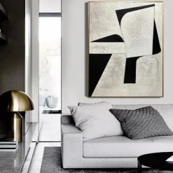 Handpainted White Black Textured Painting Oversized handmade Abstract Geometric painting Wall Art Large Minimalist Black White Painting for Living Room Wall Decor Abstract Art