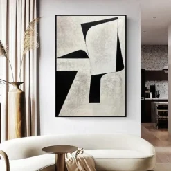 Handpainted White Black Textured Painting Oversized handmade Abstract Geometric painting Wall Art Large Minimalist Black White Painting for Living Room Wall Decor Abstract Art