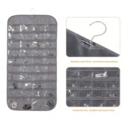 Hanging Jewelry Organizer Bag with 80 Pockets - Double-Sided Rotating Hook for Necklaces, Earrings, Dust-Proof Wall-Mounted Display Pouch for Accessories
