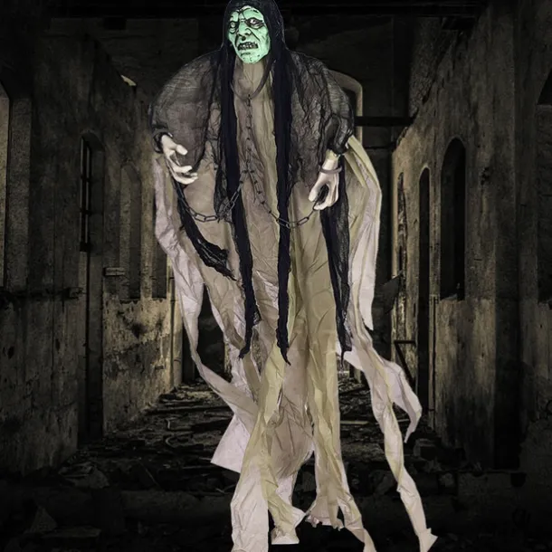 Haunted House Ghost Decoration, Glowing Eyes, Green Head, Gray Clothes - Halloween Party Prop