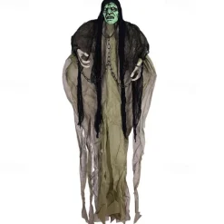 Haunted House Ghost Decoration, Glowing Eyes, Green Head, Gray Clothes - Halloween Party Prop