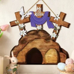 He is Risen Door Sign Hanging Wall Ornament Welcome Art Carving Easter Decoration Wooden Jesus Hanger for Party Window Home