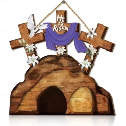 He is Risen Door Sign Hanging Wall Ornament Welcome Art Carving Easter Decoration Wooden Jesus Hanger for Party Window Home