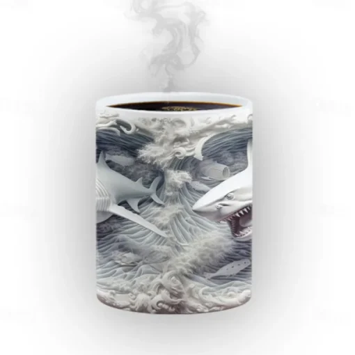 Heat Changing Mug, Shark Heat Changing 3D Illusion Ceramic Gift Coffee Mug, 11 oz Heat Sensitive Color Changing Coffee Mug Cup, Cute Xmas Gift Mug for Shark Lover