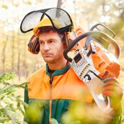Heavy-Duty Industrial Safety Mask with Impact-Resistant Face Shield Adjustable Headband & Washable Sweatband - for Grinding, Construction, Workshop, Gardening - Compatible with Chainsaws, Hedge Trim