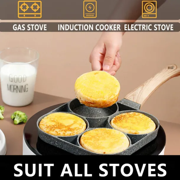 4-Hole Non-Stick Fry Pan with Wooden Handle - Perfect for Eggs, Pancakes, Burgers & More!