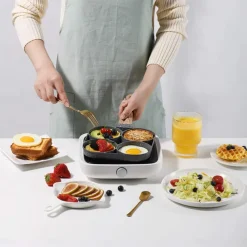 4-Hole Non-Stick Fry Pan with Wooden Handle - Perfect for Eggs, Pancakes, Burgers & More!