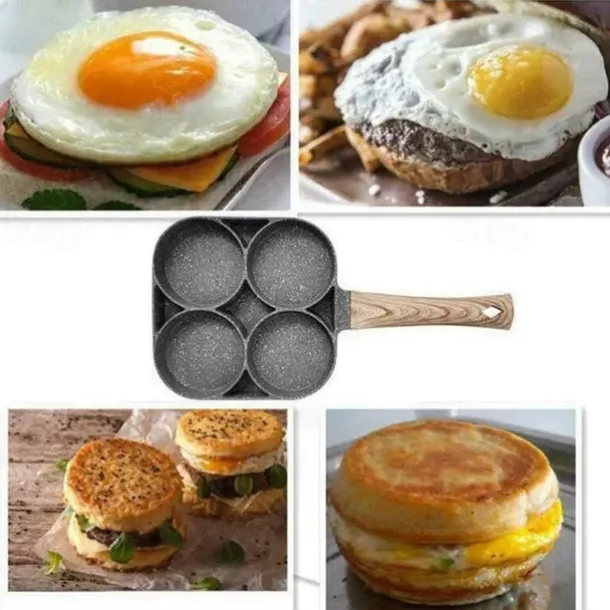 4-Hole Non-Stick Fry Pan with Wooden Handle - Perfect for Eggs, Pancakes, Burgers & More!