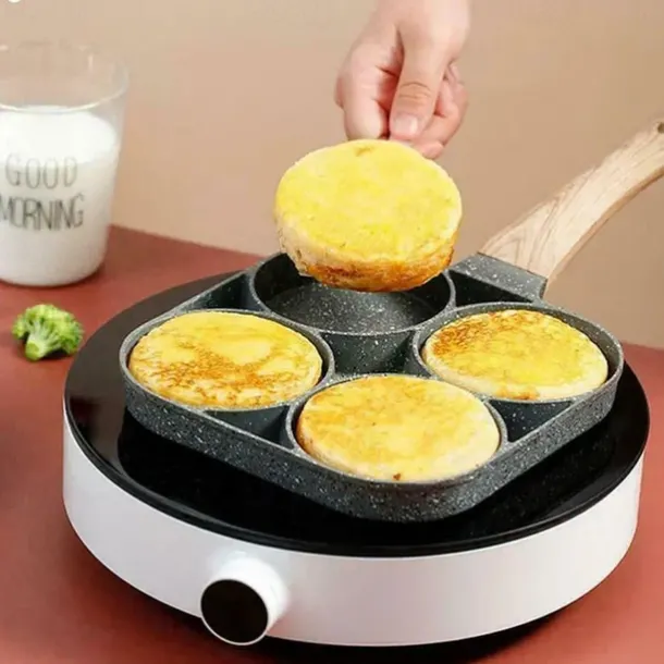 4-Hole Non-Stick Fry Pan with Wooden Handle - Perfect for Eggs, Pancakes, Burgers & More!