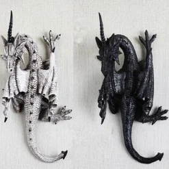 Horned Dragon Wall Sculpture, Polyresin, Grey Stone, Gothic & Medieval Decor, Desktop And Shelf Decorations, Decorative Office Gifts For Men