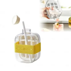 Ice Cube Bottle, 2 in 1 Touch-Free Ice Cube Tray Water Bottle with Lid and Bin, Ice Cube Making Bottle, Easy Press to Release Vertical Ice Cube Tray with straw tie