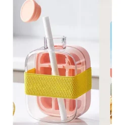 Ice Cube Bottle, 2 in 1 Touch-Free Ice Cube Tray Water Bottle with Lid and Bin, Ice Cube Making Bottle, Easy Press to Release Vertical Ice Cube Tray with straw tie