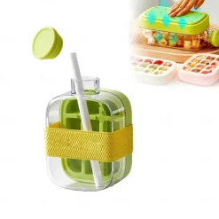 Ice Cube Bottle, 2 in 1 Touch-Free Ice Cube Tray Water Bottle with Lid and Bin, Ice Cube Making Bottle, Easy Press to Release Vertical Ice Cube Tray with straw tie