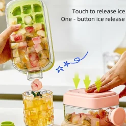 Ice Cube Bottle, 2 in 1 Touch-Free Ice Cube Tray Water Bottle with Lid and Bin, Ice Cube Making Bottle, Easy Press to Release Vertical Ice Cube Tray with straw tie