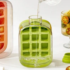 Ice Cube Bottle, 2 in 1 Touch-Free Ice Cube Tray Water Bottle with Lid and Bin, Ice Cube Making Bottle, Easy Press to Release Vertical Ice Cube Tray with straw tie