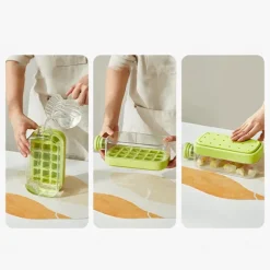 Ice Cube Bottle, 2 in 1 Touch-Free Ice Cube Tray Water Bottle with Lid and Bin, Ice Cube Making Bottle, Easy Press to Release Vertical Ice Cube Tray with straw tie