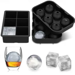 Ice Cube Molds, Large Silicone Whiskey Ice Cube & Sphere Mold, 2-Inch Round & Square Trays with Lids for Cocktails & Bourbon