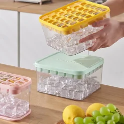 Ice Cube Trays Set, the press ice grid Plastic Ice Cube Tray with Lid & Bin - Perfect for Freezer, Whiskey & Cocktails - Easy Release & Space Saving