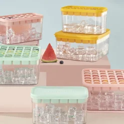 Ice Cube Trays Set, the press ice grid Plastic Ice Cube Tray with Lid & Bin - Perfect for Freezer, Whiskey & Cocktails - Easy Release & Space Saving