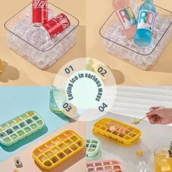 Ice Cube Trays Set, the press ice grid Plastic Ice Cube Tray with Lid & Bin - Perfect for Freezer, Whiskey & Cocktails - Easy Release & Space Saving