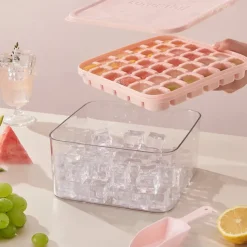 Ice Cube Trays Set, the press ice grid Plastic Ice Cube Tray with Lid & Bin - Perfect for Freezer, Whiskey & Cocktails - Easy Release & Space Saving