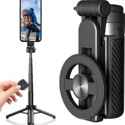 4-in-1 Multifunctional Magnetic Selfie Stick, 360 Rotation Phone Tripod with Wireless Remote for iPhone & Android, Phone Stand for Video Recording & Vlogging - Portable Travel