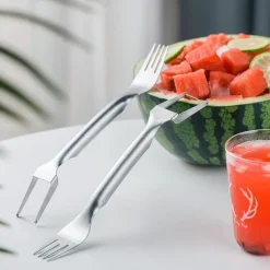 2-in-1 Watermelon Fork Watermelon Slicer Cutter Dual Head Stainless Steel Fruit Cutter Carving Tool for Home Party Family Camping