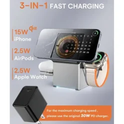 3-in-1 Wireless Charging Station for iPhone, Fast Wireless Charging Station Compatible with Mag-Safe Charger,Magnetic Foldable Travel Charger Stand Nightstand for iPhone ,Apple Watch, AirPods