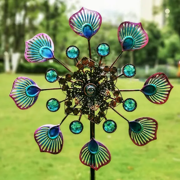Iron Art Windmill Garden Ground Inserted Pinwheel Outdoor Rotatory Colorful Peacock Tail Windmill Courtyard Windmill Garden Craft Ornament