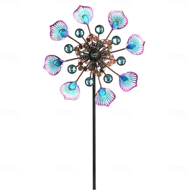 Iron Art Windmill Garden Ground Inserted Pinwheel Outdoor Rotatory Colorful Peacock Tail Windmill Courtyard Windmill Garden Craft Ornament