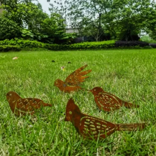 Iron Rusty Birds Ground Stake Set, Garden Decoration Rust Birdie with Screws in Wood, Rust Decoration Garden Stake Rust for Garden Reusable