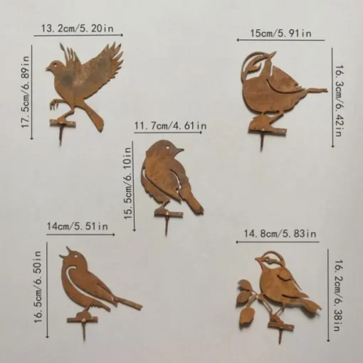 Iron Rusty Birds Ground Stake Set, Garden Decoration Rust Birdie with Screws in Wood, Rust Decoration Garden Stake Rust for Garden Reusable