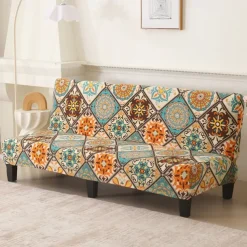 Jacquard Fabric Armless Sofa Bed Cover Sofa New Year Decor Slipcovers Stretch Protector Elastic Bench Cover