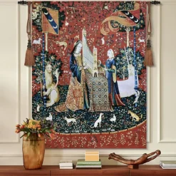 Jacquard Woven Medieval Tapestry Gobelin Aubusson The Lady and The Unicorn Loom Cotton Weave Wall Art Hanging Larger Tapestry Historic Middle Ages Tapestry Reproduction (without tassels and rod)