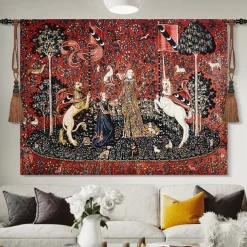 Jacquard Woven Medieval Tapestry Gobelin Aubusson The Lady and The Unicorn Loom Cotton Weave Wall Art Hanging Larger Tapestry Historic Middle Ages Tapestry Reproduction (without tassels and rod)