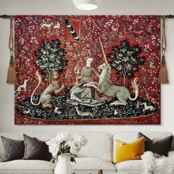 Jacquard Woven Medieval Tapestry Gobelin Aubusson The Lady and The Unicorn Loom Cotton Weave Wall Art Hanging Larger Tapestry Historic Middle Ages Tapestry Reproduction (without tassels and rod)