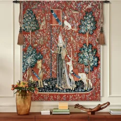 Jacquard Woven Medieval Tapestry Gobelin Aubusson The Lady and The Unicorn Loom Cotton Weave Wall Art Hanging Larger Tapestry Historic Middle Ages Tapestry Reproduction (without tassels and rod)