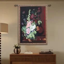 Jacquard Woven Tapestry Gobelin Aubusson Wall Art Hanging Aubusson Loom Cotton Weave Large Tapestry Reproduction Baroque Rococo Flowers (without tassels and rod)