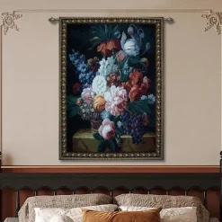 Jacquard Woven Tapestry Gobelin Aubusson Wall Art Hanging Aubusson Loom Cotton Weave Large Tapestry Reproduction Baroque Rococo Flowers (without tassels and rod)