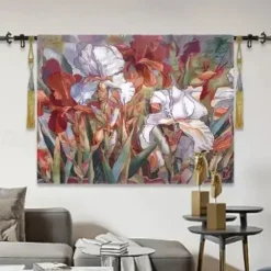 Jacquard Woven Tapestry Gobelin Aubusson Wall Art Hanging Aubusson Large Tapestry Reproduction Loom Cotton Weave Modern Poppies Belgian Tapestry (without tassels and rod)