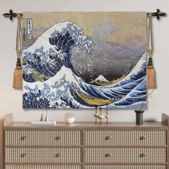 Jacquard Woven Tapestry Gobelin Aubusson Wall Art Hanging Large Tapestry Reproduction Loom Cotton Weave The Great Wave off Kanagawa Belgian Tapestry (without tassels and rod)
