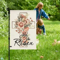 Jesus Garden Flag 12x18Inch Outdoor Decorations He is Risen Welcome Garden Patio Flag Flower Yard Flag Double Sided Holiday Outdoor Flags 1pc