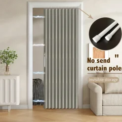 Kitchen Curtains Doorways Pleated Folding Curtain with Hooks Waterproof Fabric Doors Curtain for Closet and Room Divider 1 Panel