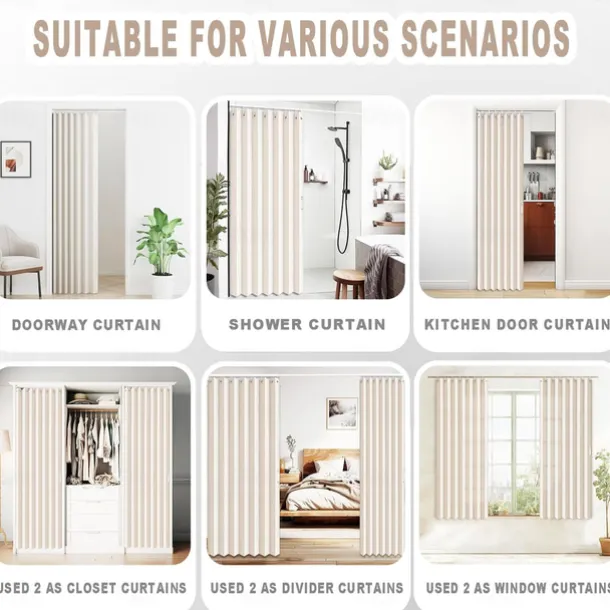 Kitchen Curtains Doorways Pleated Folding Curtain with Hooks Waterproof Fabric Doors Curtain for Closet and Room Divider 1 Panel