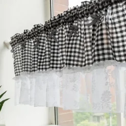 Kitchen Curtains, Valance Curtains, Short Cafe Curtains Farmhouse Tier Curtains Short Window Treatments With Lace 1 Panel Rod Pocket Plaid