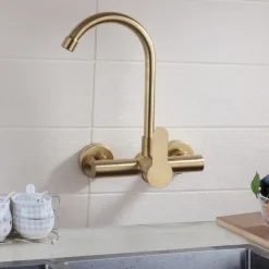 Kitchen faucet - Single Handle Two Holes Brushed Gold Tall /High Arc Wall Mounted Contemporary Kitchen Taps