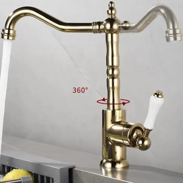 Kitchen Faucet 360 Swivel Antique Sink Faucet Mixer Tap Fashion Gold Sink Faucet Copper Hot and Cold Basin Tap